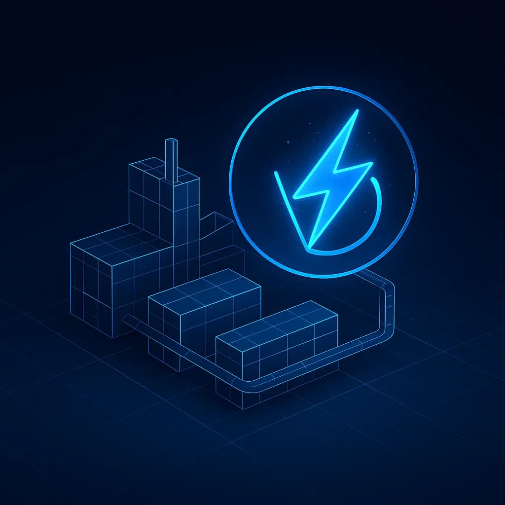 3D isometric industrial plant visualization with glowing energy symbol